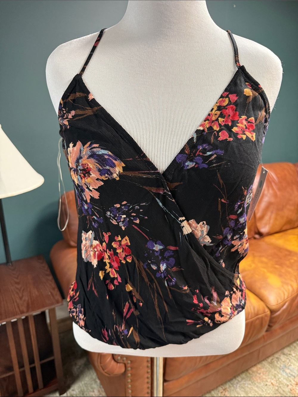 Pink Clover Black Floral Wrap Cami with Pink, Purple & Cream Accents